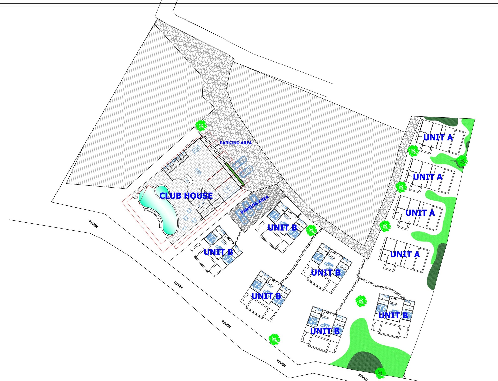 Dream Catcher Village masterplan showing villa footprints, Club House, landscaping and pathways