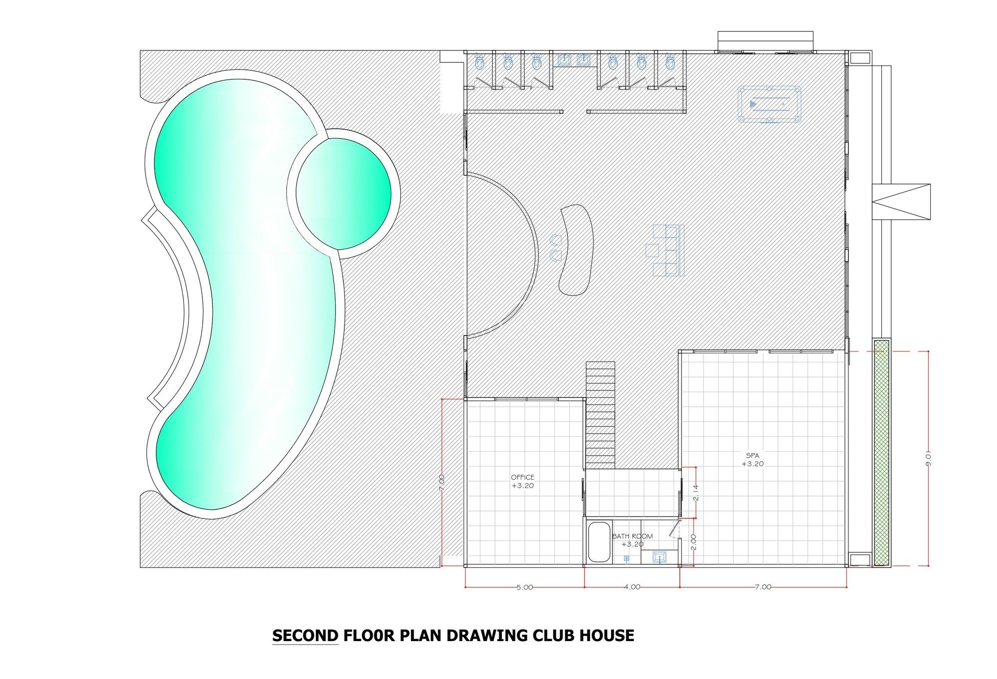Upper floor plan · Spa, office, lounge