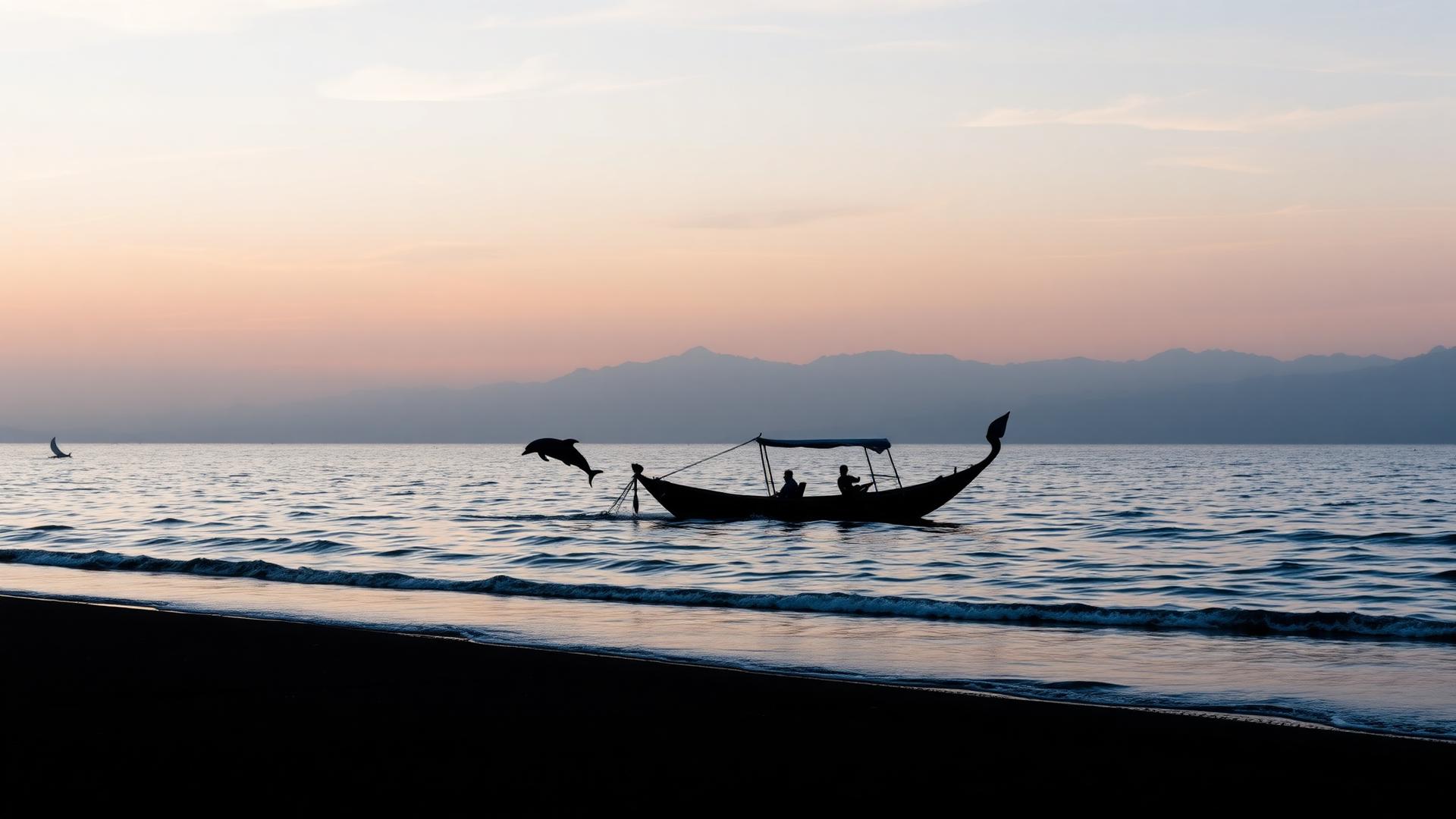 Dolphin leaping beside a traditional boat at sunrise off Lovina beach